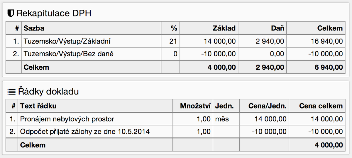 Detail faktury s odpočtem zálohy