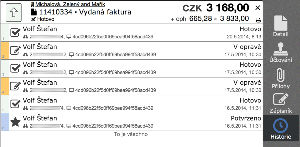 Detail s historií dokumentu